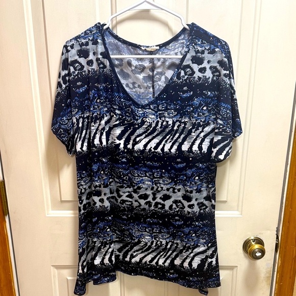 Blue, Gray, White and Black Sequined Multi Animal Print V-Neck Short Sleeve Top - Picture 1 of 5